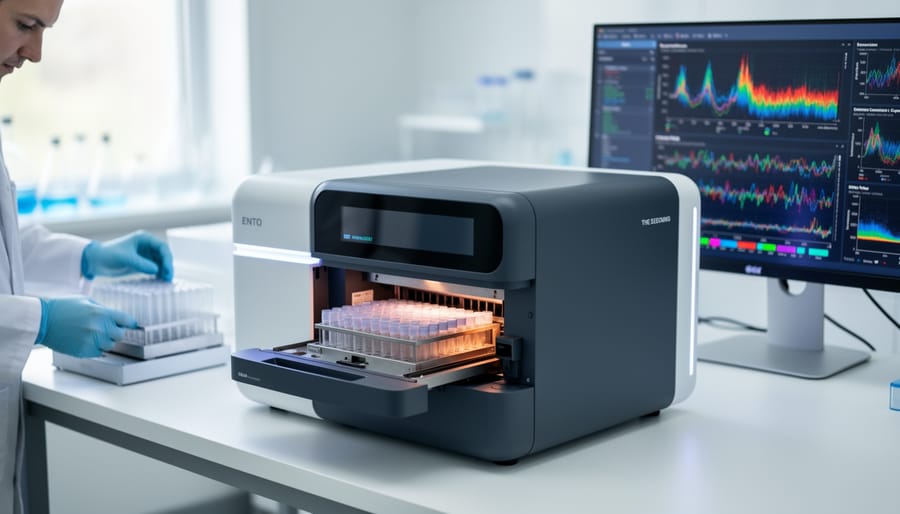 Next-generation sequencing instrument in a laboratory with technicians blurred in the distance.