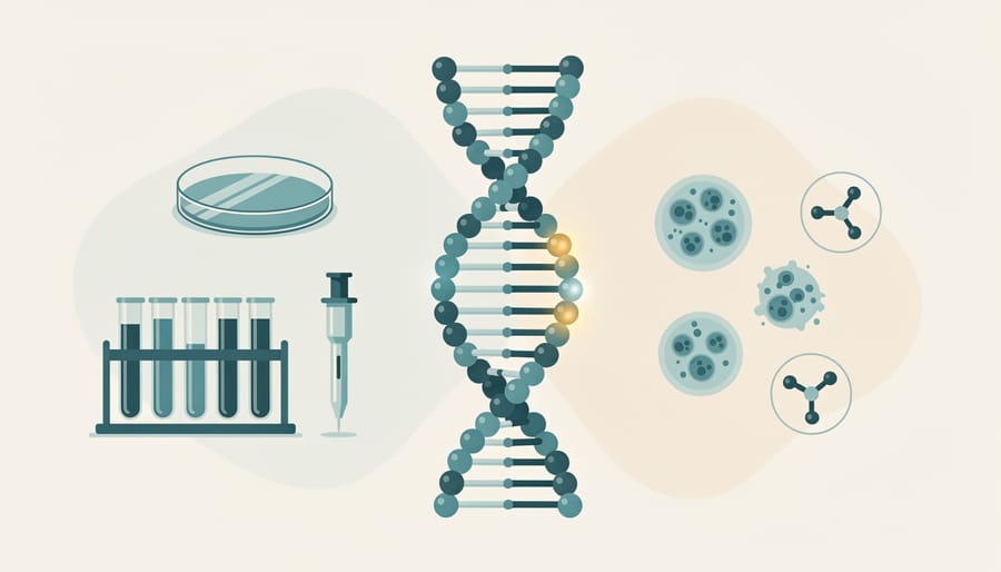 DNA-like beads and lab items on a wooden table symbolizing genetic and immune factors in type 1 diabetes.