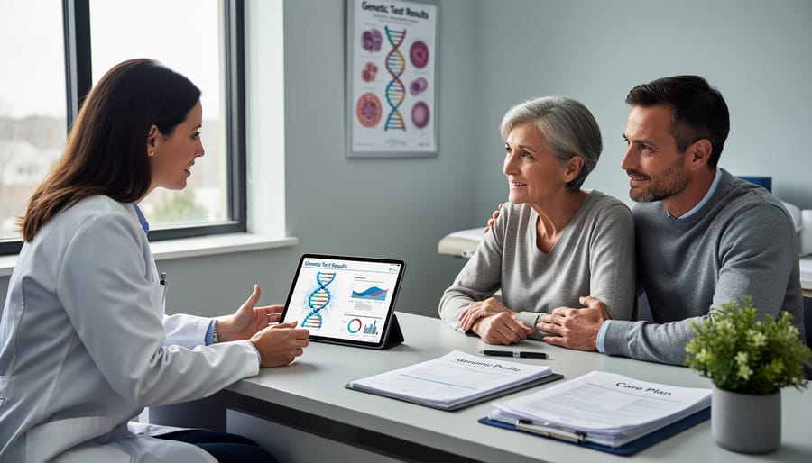 Genetic counselor and patient sitting together at a consultation desk, with a tablet not showing any readable content.