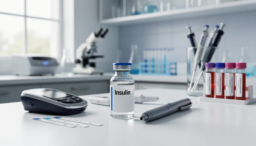Hand holding a small vial of clear liquid next to an insulin pen-like device on a lab bench.