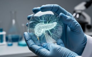 Gloved hands in a laboratory holding a glowing glass sphere that visually represents immune activity around the pancreas, suggesting genetic influence on Type 1 diabetes management.