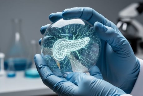 Gloved hands in a laboratory holding a glowing glass sphere that visually represents immune activity around the pancreas, suggesting genetic influence on Type 1 diabetes management.