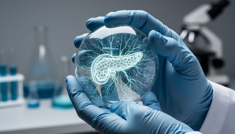 Gloved hands in a laboratory holding a glowing glass sphere that visually represents immune activity around the pancreas, suggesting genetic influence on Type 1 diabetes management.