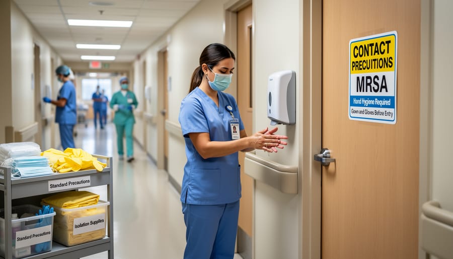 Hospital infection control supplies, including disinfectant and protective gear, on a stainless-steel cart.