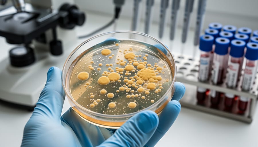 Gloved technician’s fingertips near a sterile Petri dish in a microbiology laboratory.