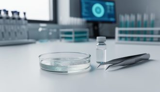 “Close-up of a sterile laboratory petri dish with subtle culture texture next to diagnostic lab vials and tools, shot with shallow depth of field.”