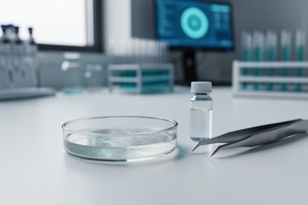 “Close-up of a sterile laboratory petri dish with subtle culture texture next to diagnostic lab vials and tools, shot with shallow depth of field.”