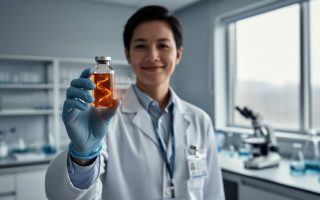 Scientist holding a glowing gene-therapy vial in a clean clinical laboratory with blurred research equipment in the background.