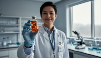 Scientist holding a glowing gene-therapy vial in a clean clinical laboratory with blurred research equipment in the background.