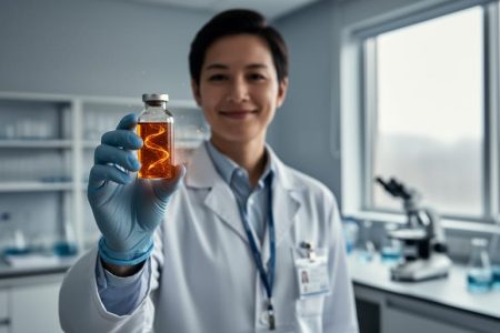 Scientist holding a glowing gene-therapy vial in a clean clinical laboratory with blurred research equipment in the background.