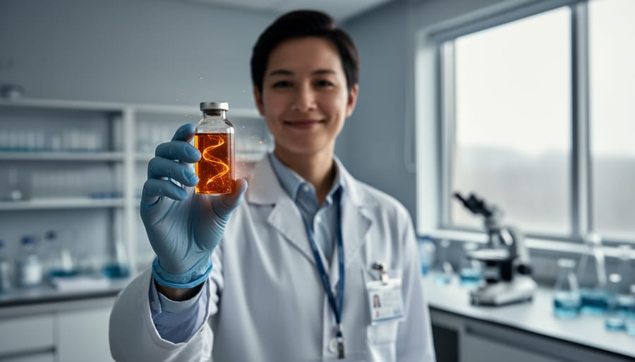 Scientist holding a glowing gene-therapy vial in a clean clinical laboratory with blurred research equipment in the background.
