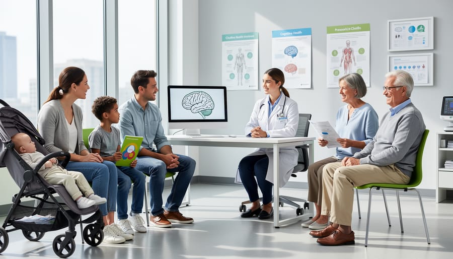 People of different ages in a bright clinic waiting area suggesting research into cognitive health across the lifespan.