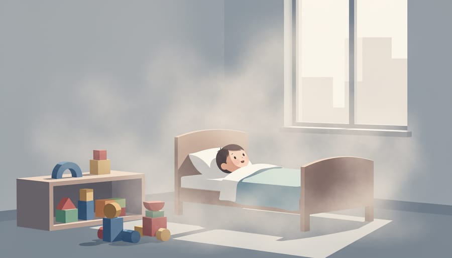 Light beams through a child’s bedroom window showing lingering haze in a room.
