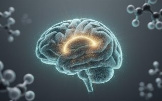 Glowing, particle-like human brain illustration representing choline support for neurotransmission and cognitive health, with a modern medical background and soft teal lighting.
