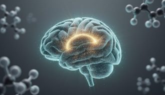 Glowing, particle-like human brain illustration representing choline support for neurotransmission and cognitive health, with a modern medical background and soft teal lighting.