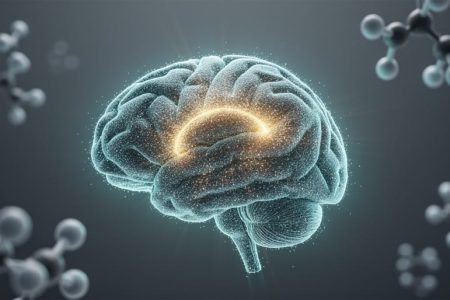 Glowing, particle-like human brain illustration representing choline support for neurotransmission and cognitive health, with a modern medical background and soft teal lighting.