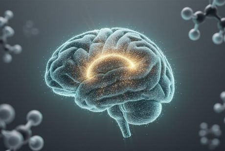 Glowing, particle-like human brain illustration representing choline support for neurotransmission and cognitive health, with a modern medical background and soft teal lighting.