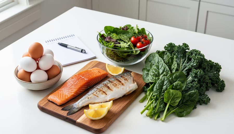 Close-up of eggs, salmon, and leafy greens arranged as choline-rich food options on a wooden table.