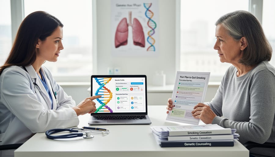 Doctor and patient sitting together during a calm consultation, representing healthcare applications for smoking genetics.