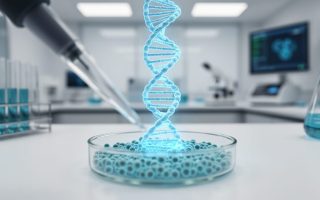 Close-up of a glowing DNA double helix overlaying cultured human cells in a sterile laboratory petri dish, representing CRISPR gene editing.