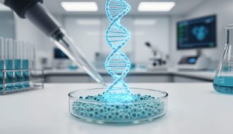 Close-up of a glowing DNA double helix overlaying cultured human cells in a sterile laboratory petri dish, representing CRISPR gene editing.