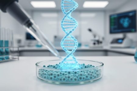 Close-up of a glowing DNA double helix overlaying cultured human cells in a sterile laboratory petri dish, representing CRISPR gene editing.