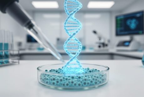 Close-up of a glowing DNA double helix overlaying cultured human cells in a sterile laboratory petri dish, representing CRISPR gene editing.