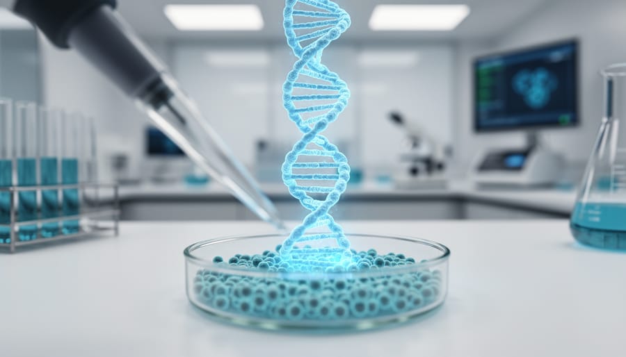 Close-up of a glowing DNA double helix overlaying cultured human cells in a sterile laboratory petri dish, representing CRISPR gene editing.
