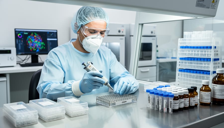 A lab researcher in protective equipment holding a small vial in a clean laboratory setting.