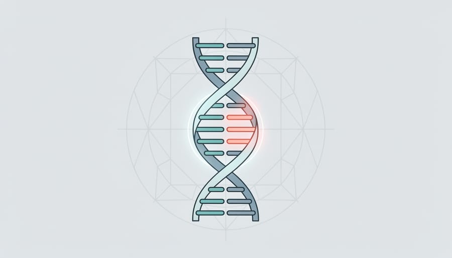 Translucent DNA double helix sculpture in front of a blurred microscope eyepiece.