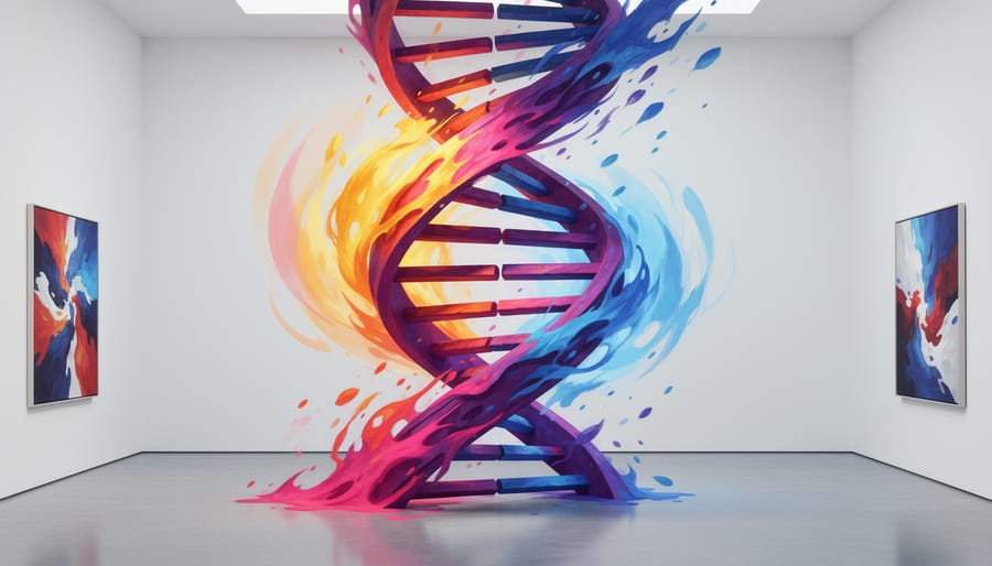 Metallic or glass DNA sculpture on a dark laboratory surface