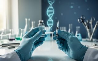 Gloved scientist’s hands holding a gene therapy vial on a clean laboratory workbench with a soft glowing DNA helix in the background.