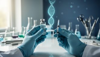 Gloved scientist’s hands holding a gene therapy vial on a clean laboratory workbench with a soft glowing DNA helix in the background.