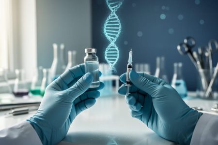 Gloved scientist’s hands holding a gene therapy vial on a clean laboratory workbench with a soft glowing DNA helix in the background.