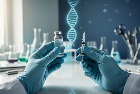 Gloved scientist’s hands holding a gene therapy vial on a clean laboratory workbench with a soft glowing DNA helix in the background.