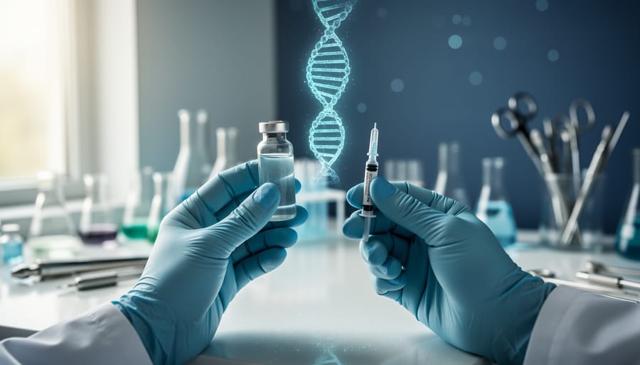 Gloved scientist’s hands holding a gene therapy vial on a clean laboratory workbench with a soft glowing DNA helix in the background.