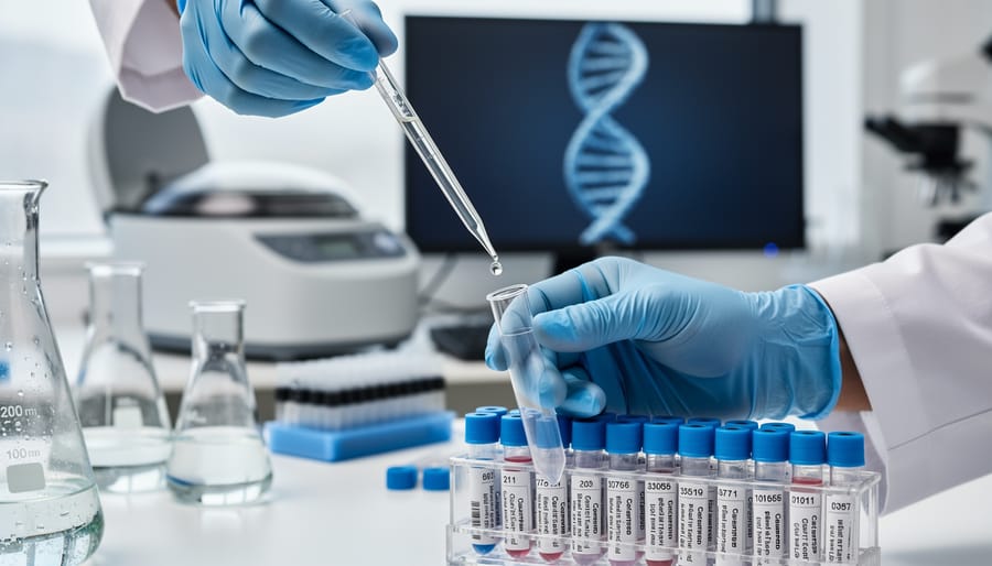 A researcher in gloves pipetting a sample vial in a clean laboratory setting