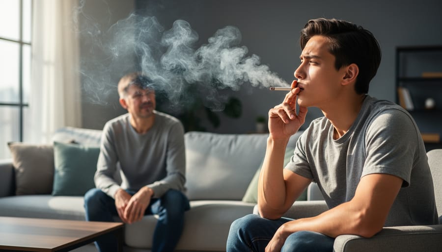 A person exhaling visible smoke indoors, illustrating potential secondhand smoke exposure.