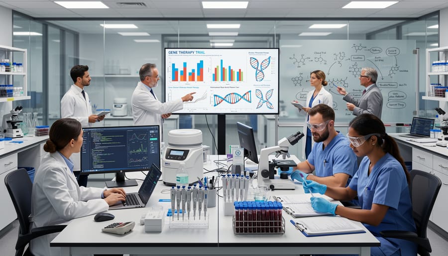 Researchers collaborating at a microscope station in a modern laboratory.