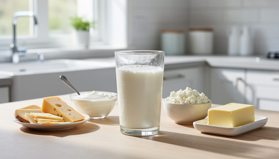 Pouring milk into a glass on a kitchen table next to dairy foods like yogurt