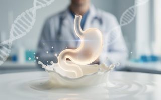 Science-inspired close-up showing a translucent organ-like silhouette with a soft milk splash and blurred genomic and lab background textures, representing lactase persistence and evolutionary adaptation.
