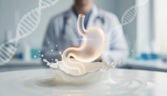 Science-inspired close-up showing a translucent organ-like silhouette with a soft milk splash and blurred genomic and lab background textures, representing lactase persistence and evolutionary adaptation.