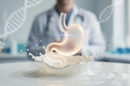 Science-inspired close-up showing a translucent organ-like silhouette with a soft milk splash and blurred genomic and lab background textures, representing lactase persistence and evolutionary adaptation.