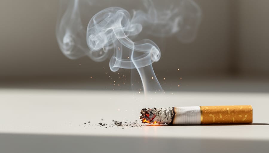 Close-up of a lit cigarette with smoke particles drifting into the air near a railing.