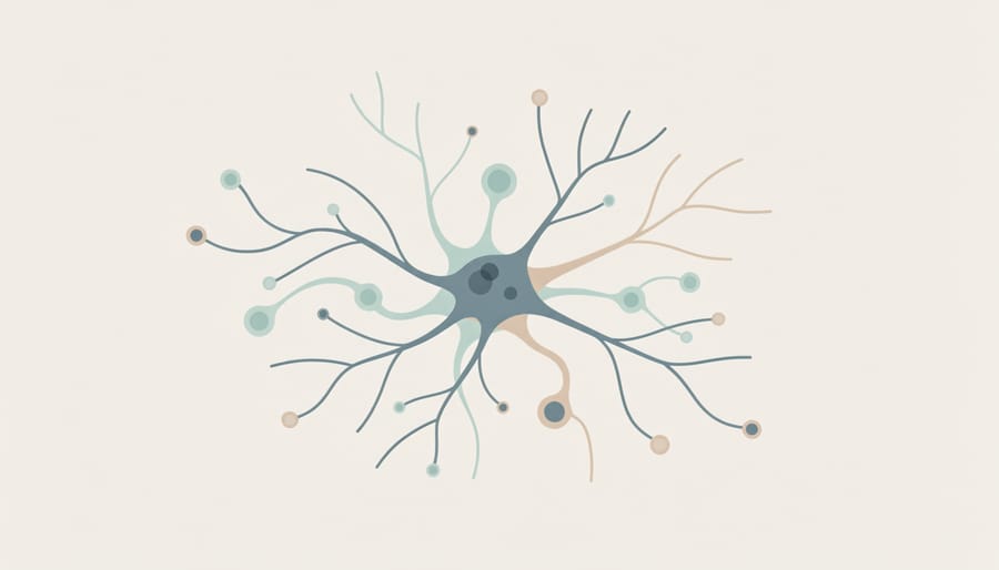 Macro view of neuron-like branching fiber structures in cool blue and purple tones.