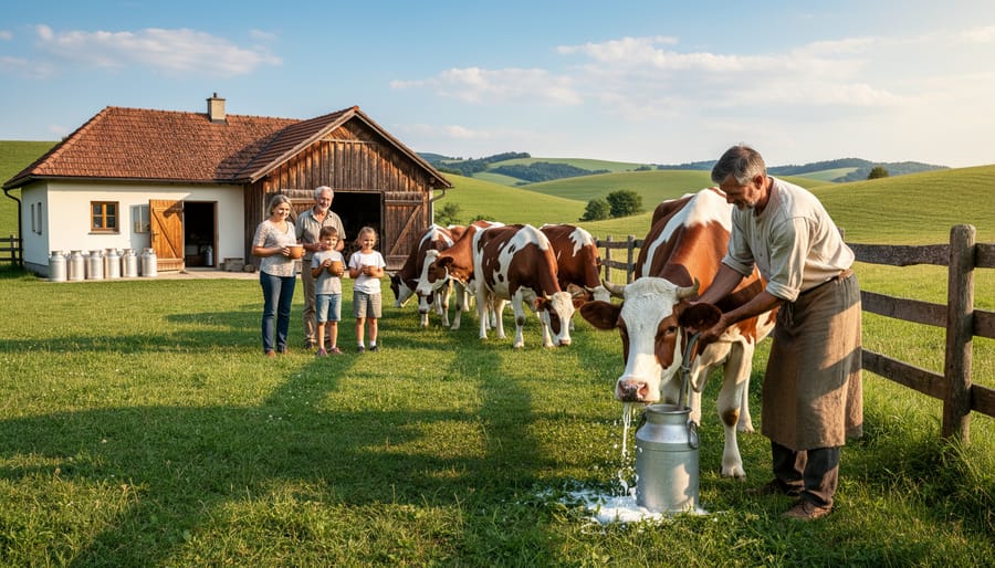 Pouring milk in a rural pastoral setting during golden hour