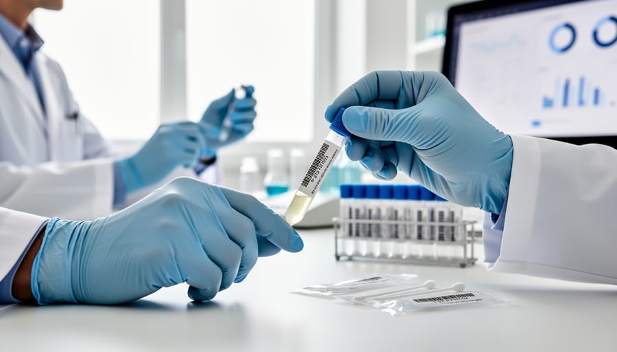Healthcare professionals handling a saliva collection kit in a clinical lab setting.