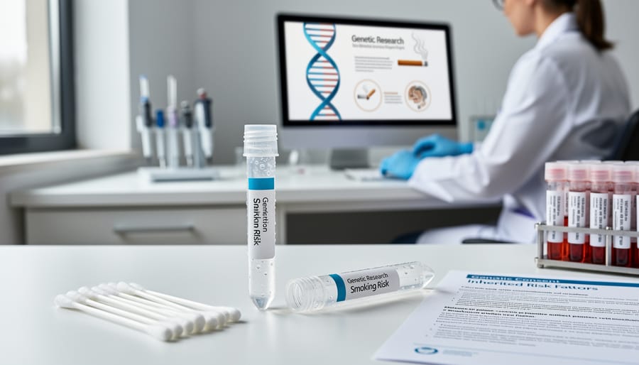 Lab-coated healthcare researcher holding a vial of saliva sample for genetic study related to smoking behavior.