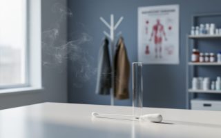 Soft indoor haze representing secondhand smoke drifting near testing tools like a lab tube and swab on a countertop, suggesting nicotine exposure evaluation and related risk assessment.