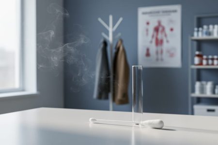Soft indoor haze representing secondhand smoke drifting near testing tools like a lab tube and swab on a countertop, suggesting nicotine exposure evaluation and related risk assessment.